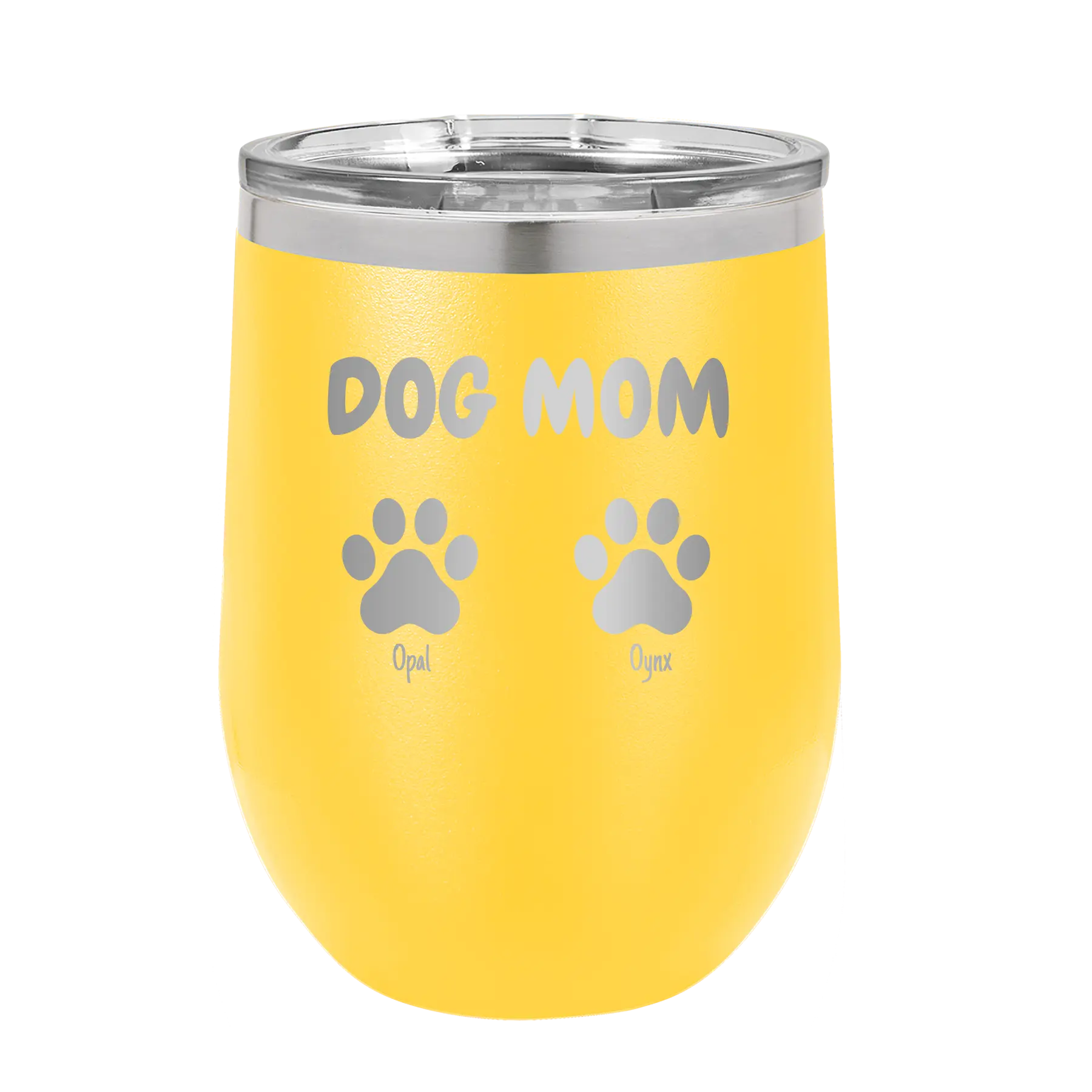 Personalized yellow 12 oz vacuum insulated wine cup with 'Cat Dog Mom Dad 2 paws' design