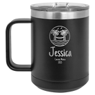 Personalized black 15 oz vacuum insulated coffee mug with 'Vacation with two Palm Trees and Hammock' design