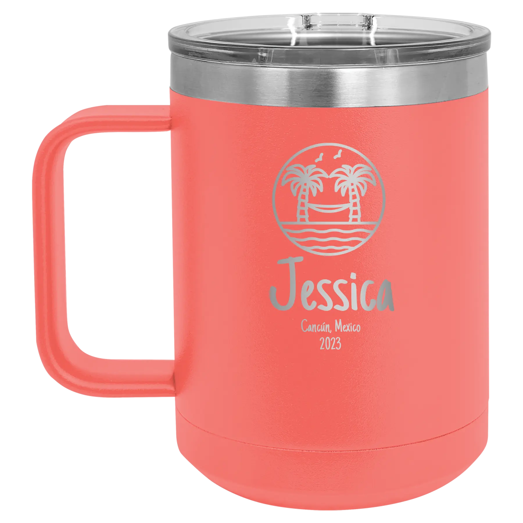 Personalized coral 15 oz vacuum insulated coffee mug with 'Vacation with two Palm Trees and Hammock' design