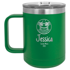 Personalized green 15 oz vacuum insulated coffee mug with 'Vacation with two Palm Trees and Hammock' design