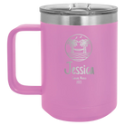 Personalized light purple 15 oz vacuum insulated coffee mug with 'Vacation with two Palm Trees and Hammock' design