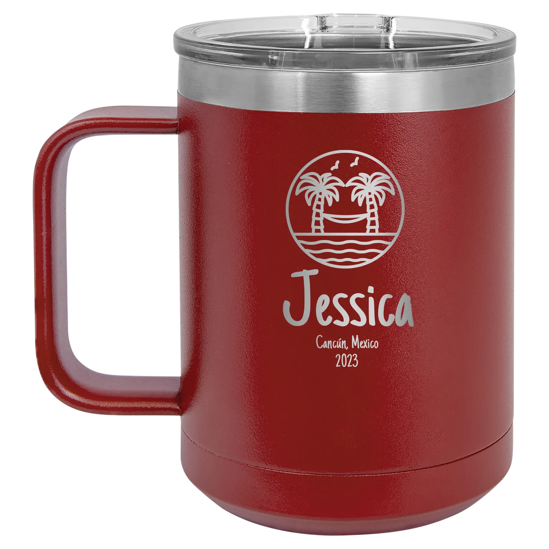 Personalized maroon 15 oz vacuum insulated coffee mug with 'Vacation with two Palm Trees and Hammock' design
