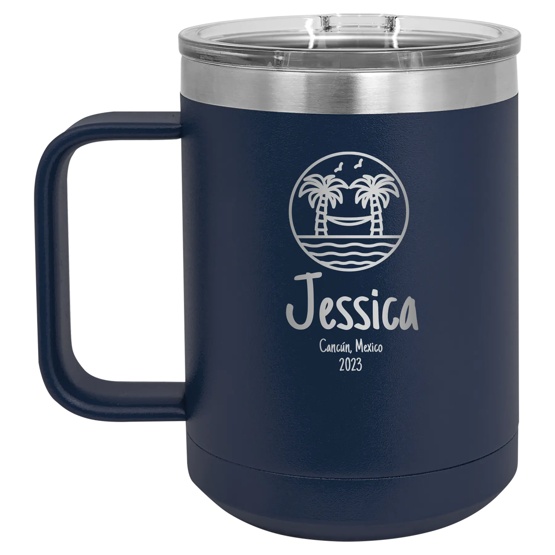Personalized navy 15 oz vacuum insulated coffee mug with 'Vacation with two Palm Trees and Hammock' design