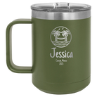 Personalized olive green 15 oz vacuum insulated coffee mug with 'Vacation with two Palm Trees and Hammock' design