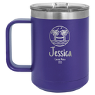 Personalized purple 15 oz vacuum insulated coffee mug with 'Vacation with two Palm Trees and Hammock' design