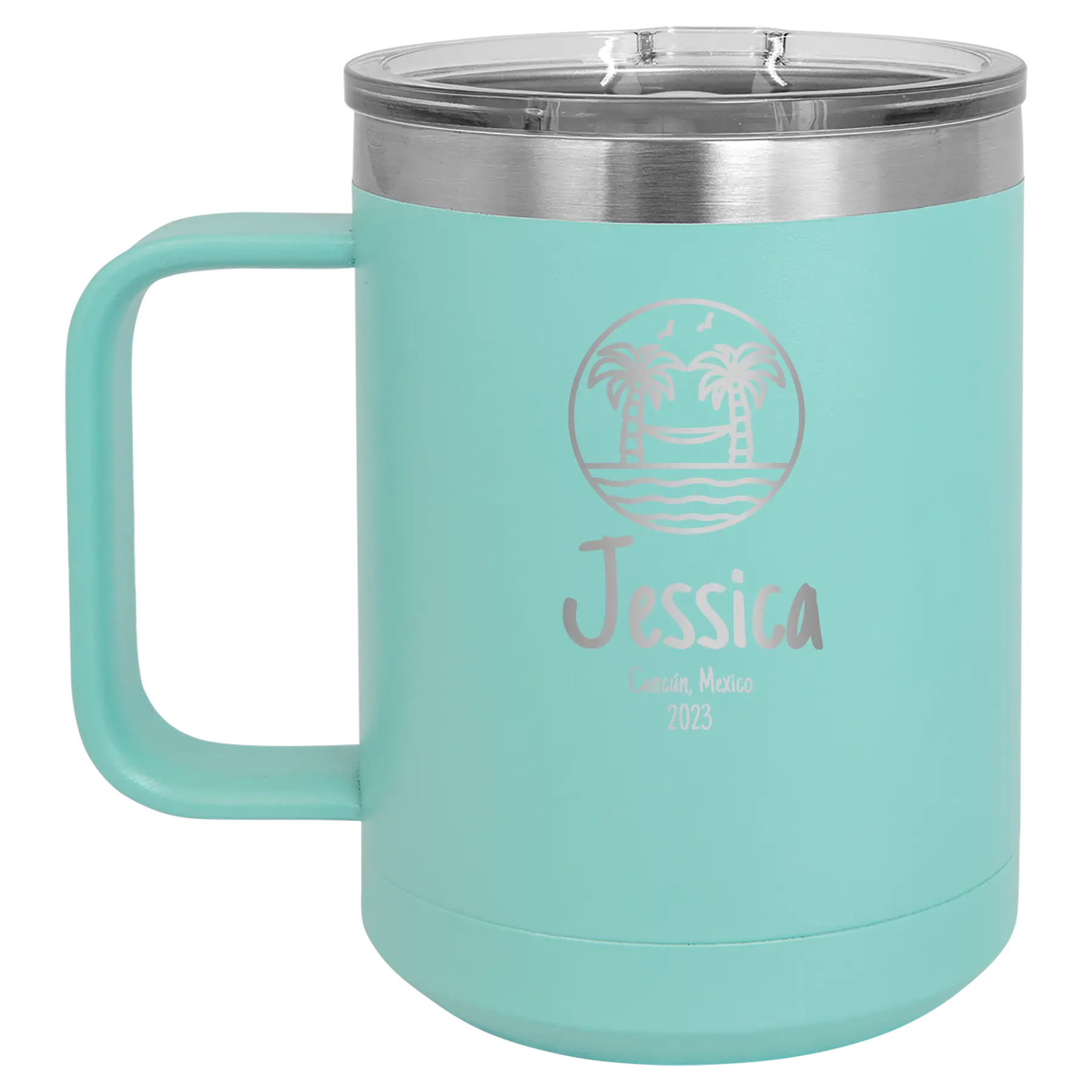 Personalized teal 15 oz vacuum insulated coffee mug with 'Vacation with two Palm Trees and Hammock' design