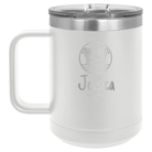 Personalized white 15 oz vacuum insulated coffee mug with 'Vacation with two Palm Trees and Hammock' design