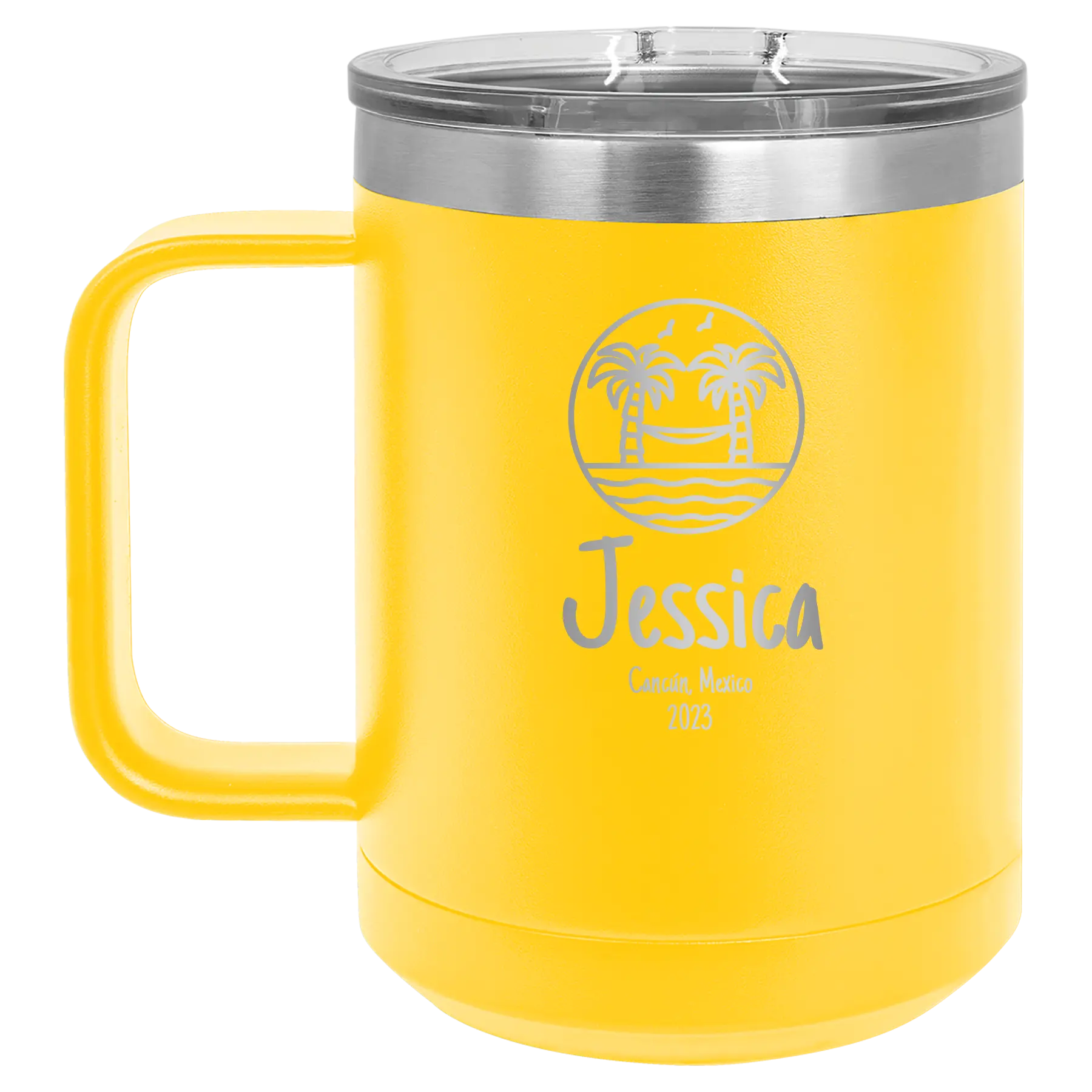Personalized yellow 15 oz vacuum insulated coffee mug with 'Vacation with two Palm Trees and Hammock' design