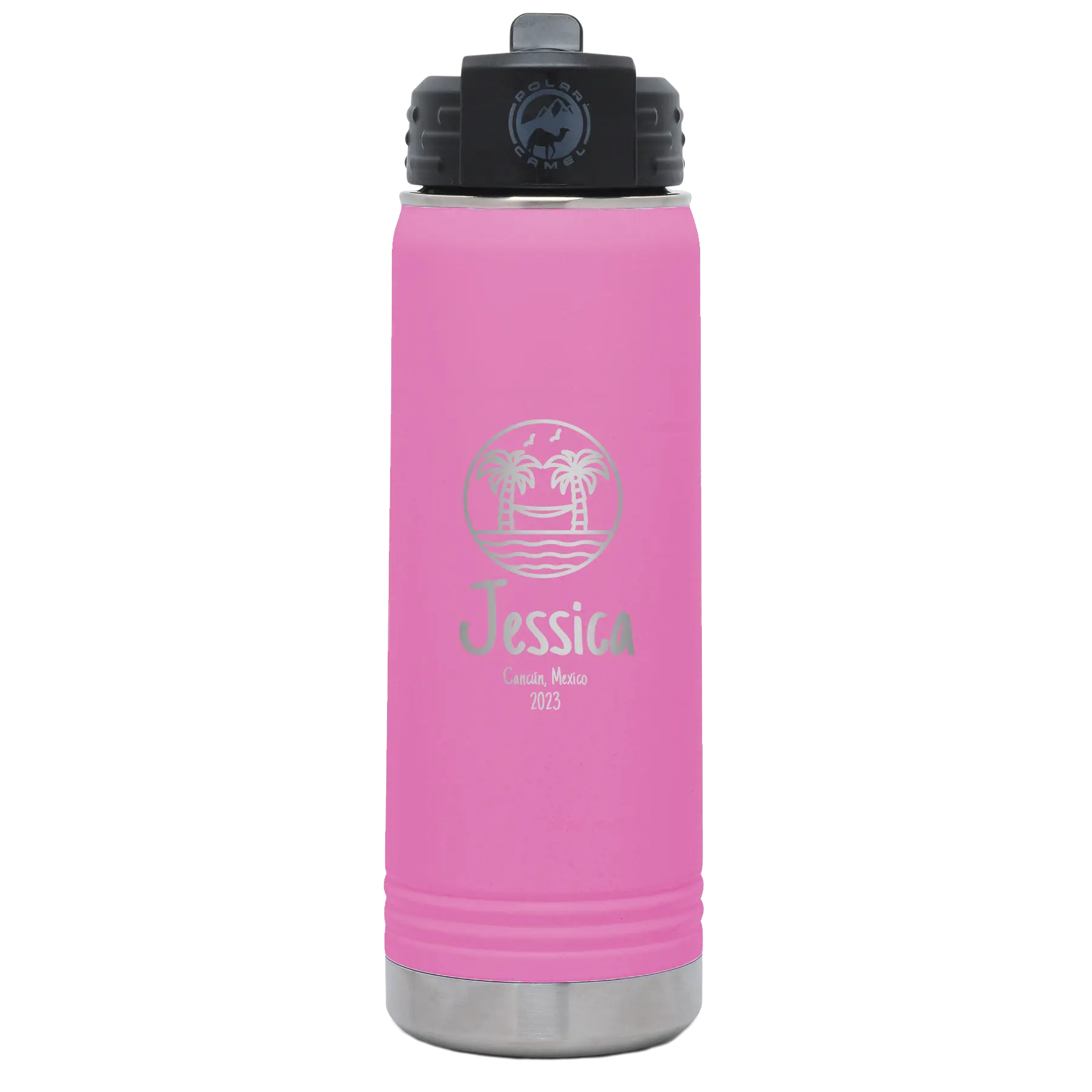 Personalized light purple 20 oz vacuum insulated water bottle with 'Vacation with two Palm Trees and Hammock' design