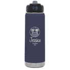 Personalized navy 20 oz vacuum insulated water bottle with 'Vacation with two Palm Trees and Hammock' design