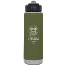 Personalized olive green 20 oz vacuum insulated water bottle with 'Vacation with two Palm Trees and Hammock' design