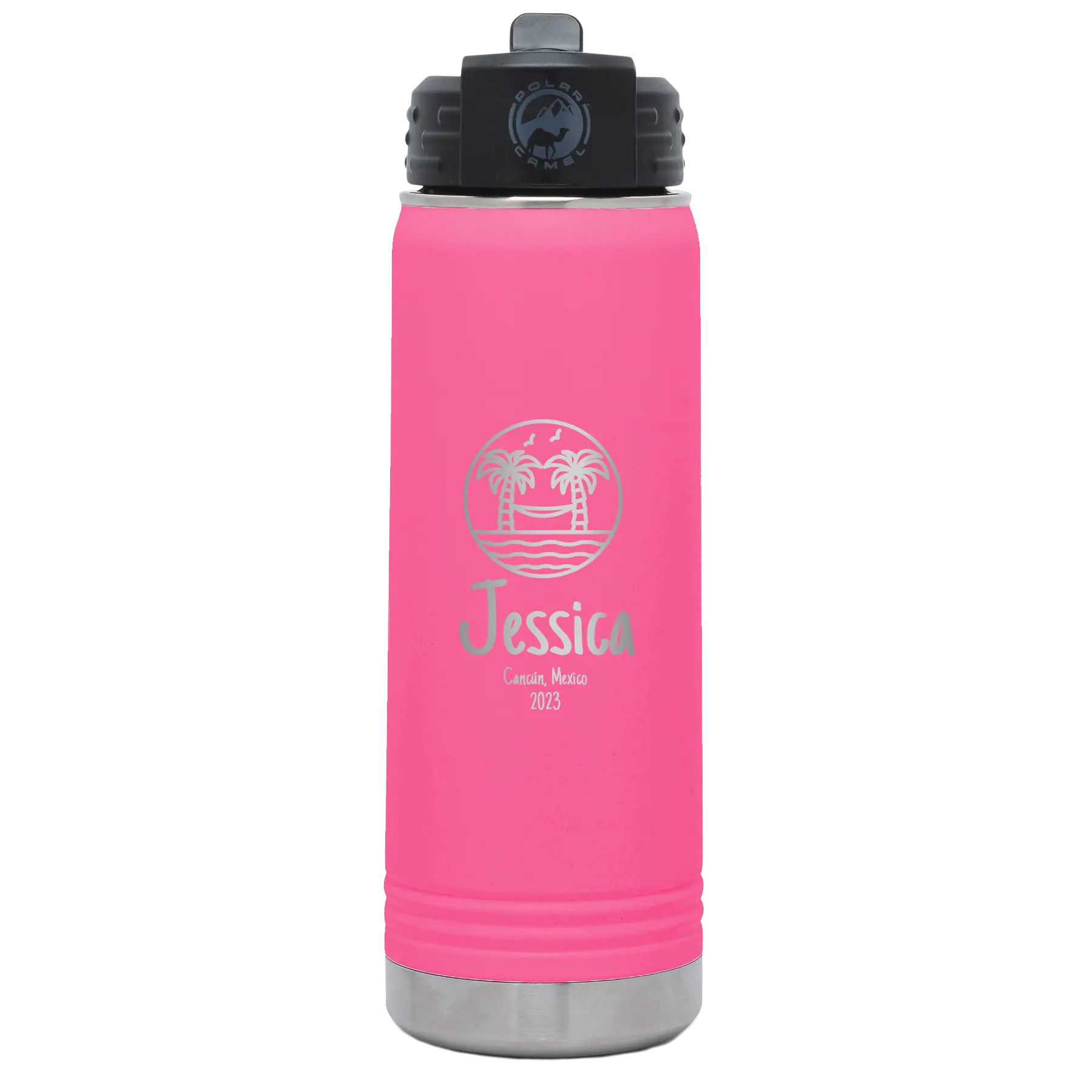 Personalized pink 20 oz vacuum insulated water bottle with 'Vacation with two Palm Trees and Hammock' design