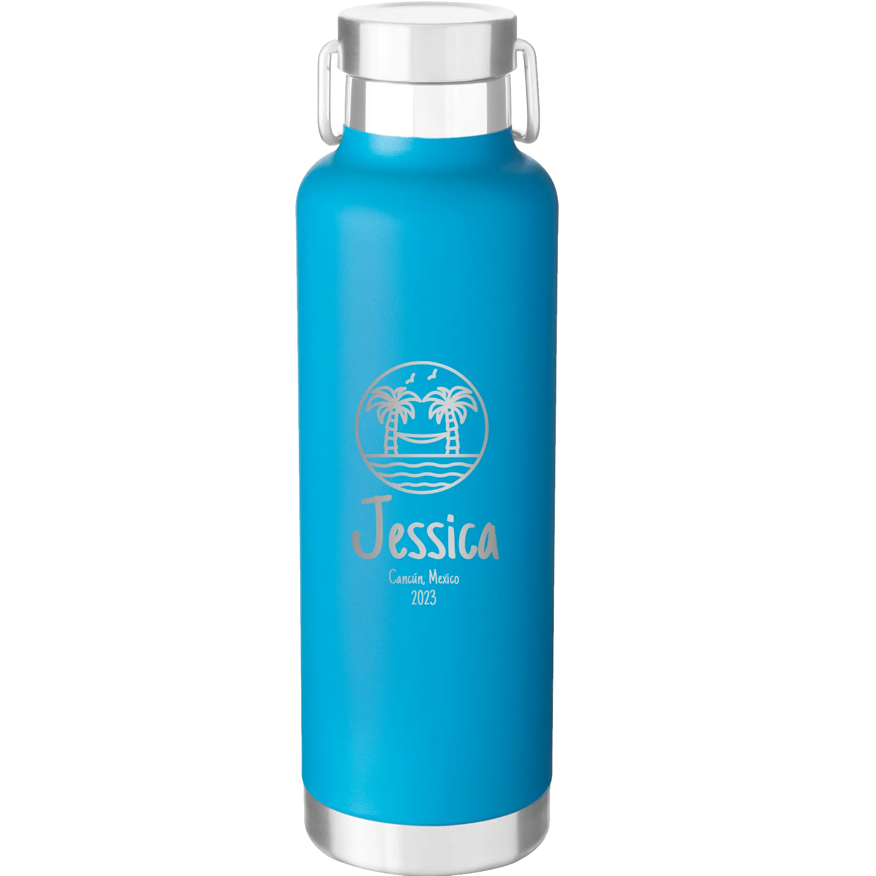 Personalized aqua 24 oz vacuum insulated water bottle with 'Vacation with two Palm Trees and Hammock' design