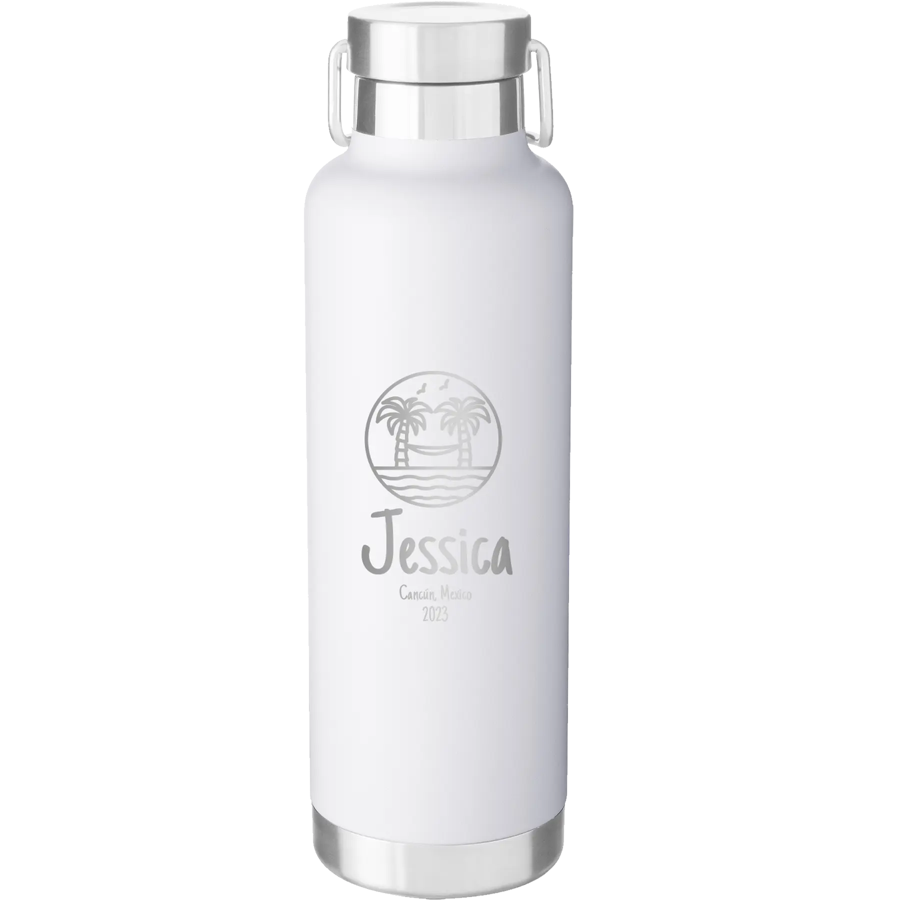 Personalized white 24 oz vacuum insulated water bottle with 'Vacation with two Palm Trees and Hammock' design