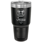 Personalized black 30 oz vacuum insulated tumbler with 'Vacation with two Palm Trees and Hammock' design