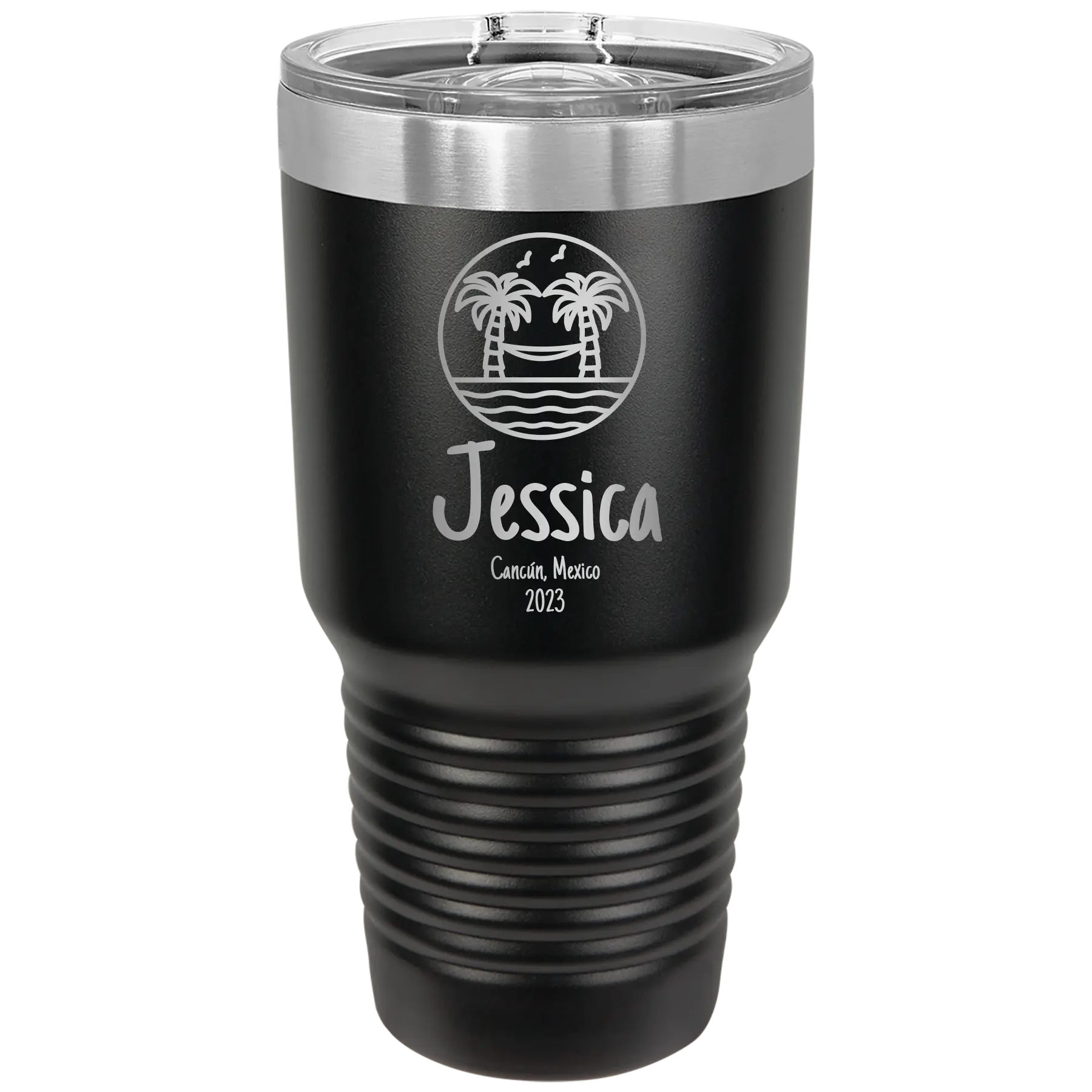 Personalized black 30 oz vacuum insulated tumbler with 'Vacation with two Palm Trees and Hammock' design