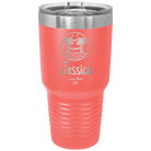 Personalized coral 30 oz vacuum insulated tumbler with 'Vacation with two Palm Trees and Hammock' design