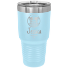 Personalized light blue 30 oz vacuum insulated tumbler with 'Vacation with two Palm Trees and Hammock' design
