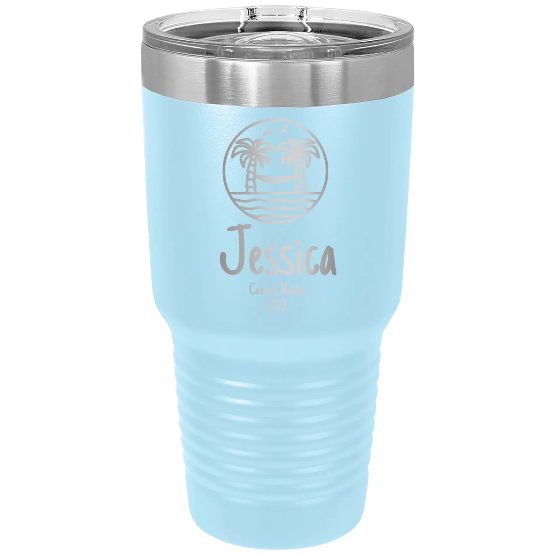 Personalized light blue 30 oz vacuum insulated tumbler with 'Vacation with two Palm Trees and Hammock' design