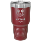 Personalized maroon 30 oz vacuum insulated tumbler with 'Vacation with two Palm Trees and Hammock' design