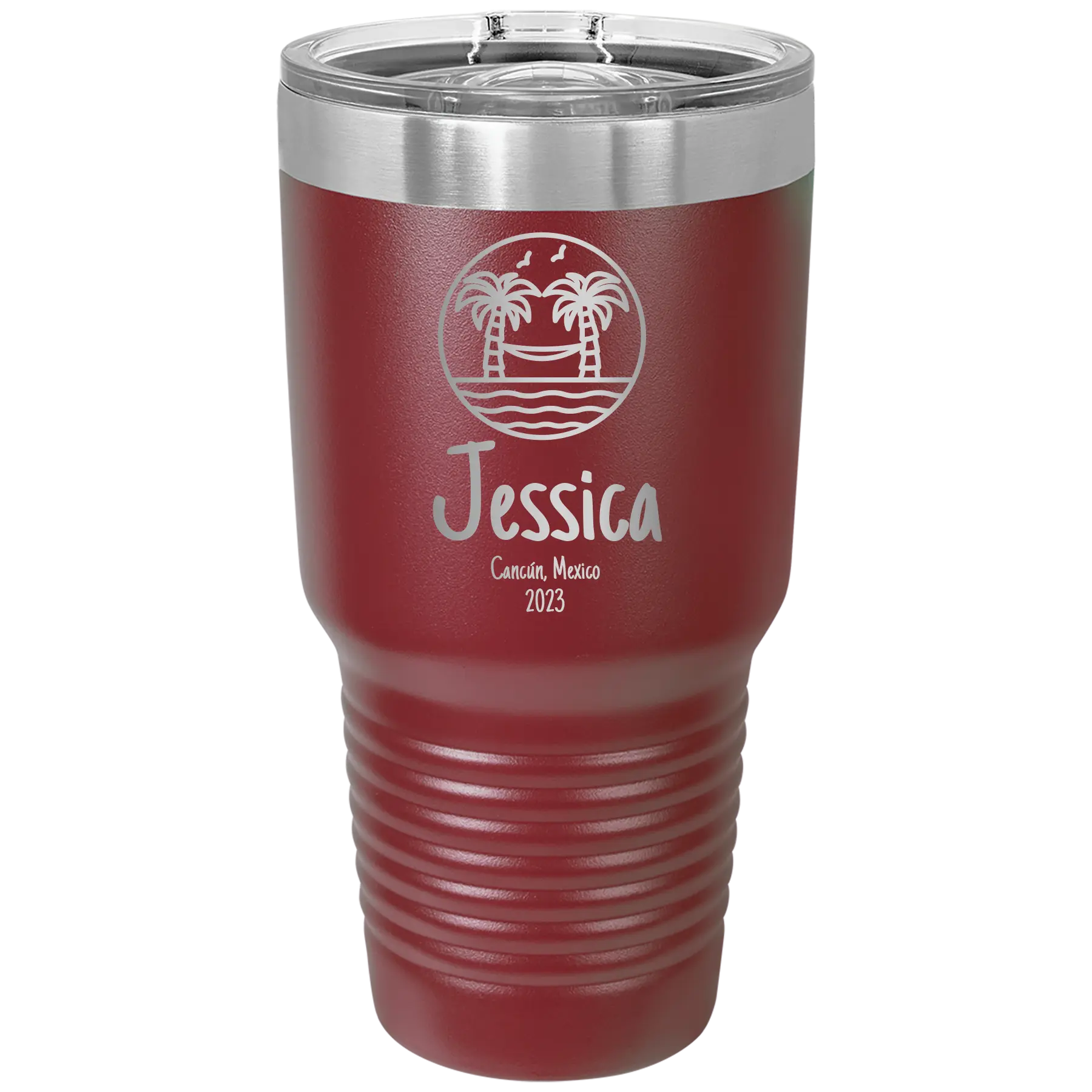Personalized maroon 30 oz vacuum insulated tumbler with 'Vacation with two Palm Trees and Hammock' design
