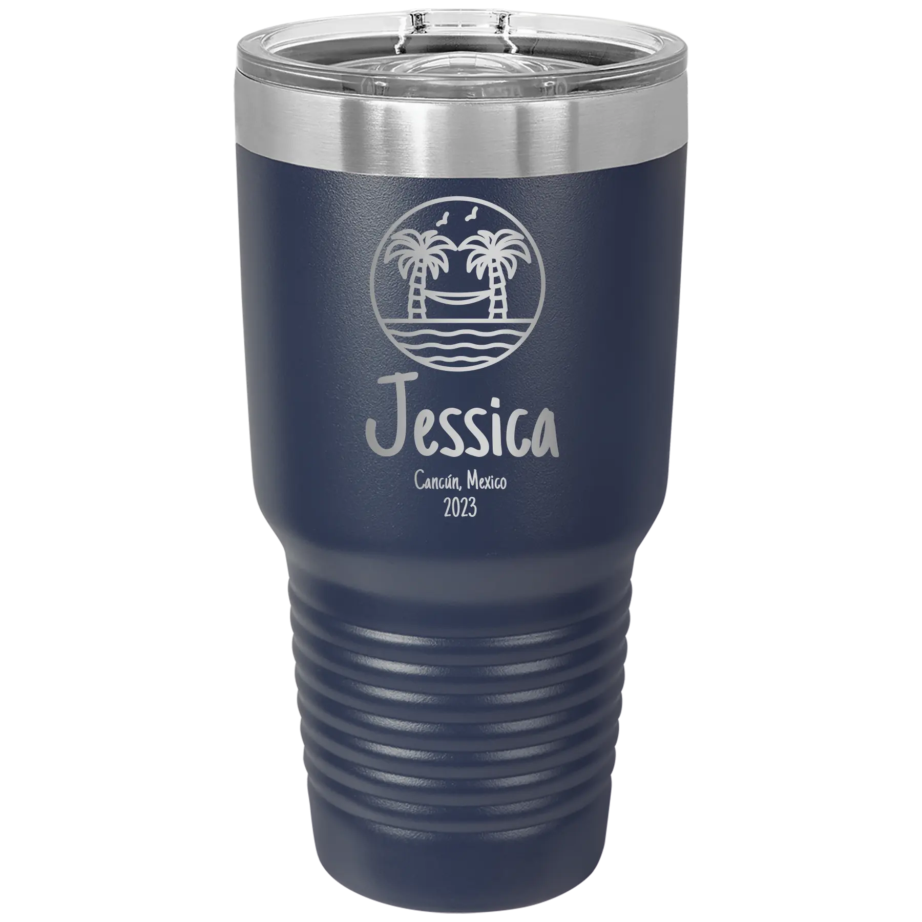 Personalized navy 30 oz vacuum insulated tumbler with 'Vacation with two Palm Trees and Hammock' design