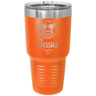 Personalized orange 30 oz vacuum insulated tumbler with 'Vacation with two Palm Trees and Hammock' design
