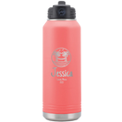 Personalized coral 32 oz vacuum insulated water bottle with 'Vacation with two Palm Trees and Hammock' design
