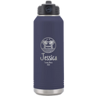 Personalized navy 32 oz vacuum insulated water bottle with 'Vacation with two Palm Trees and Hammock' design