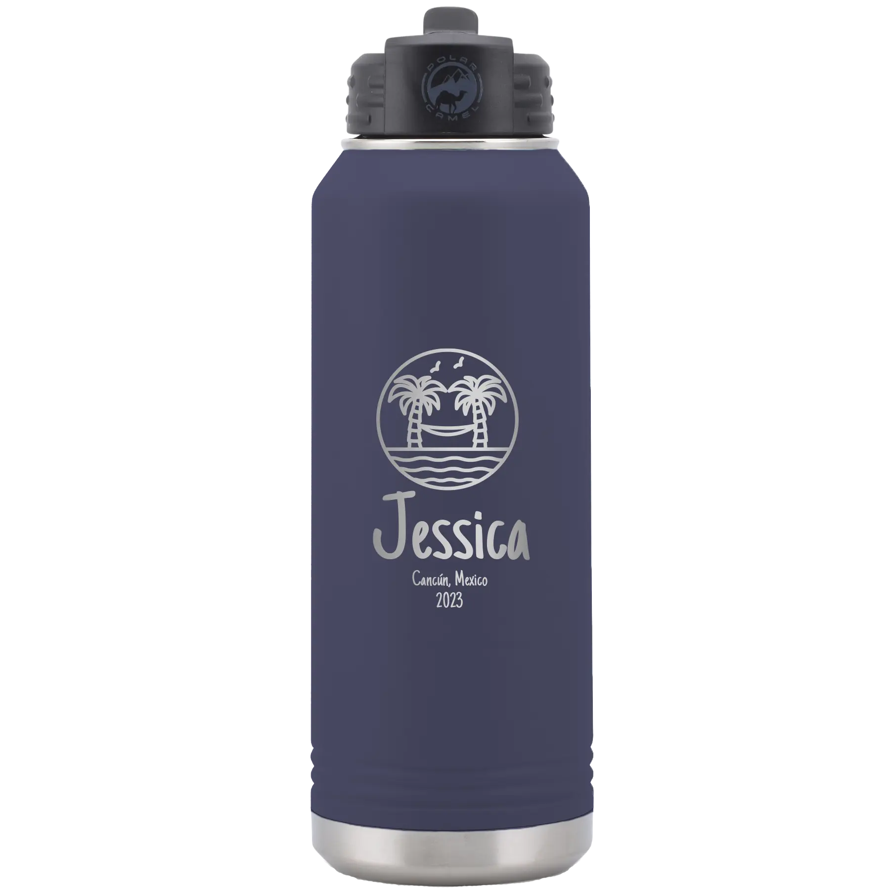 Personalized navy 32 oz vacuum insulated water bottle with 'Vacation with two Palm Trees and Hammock' design