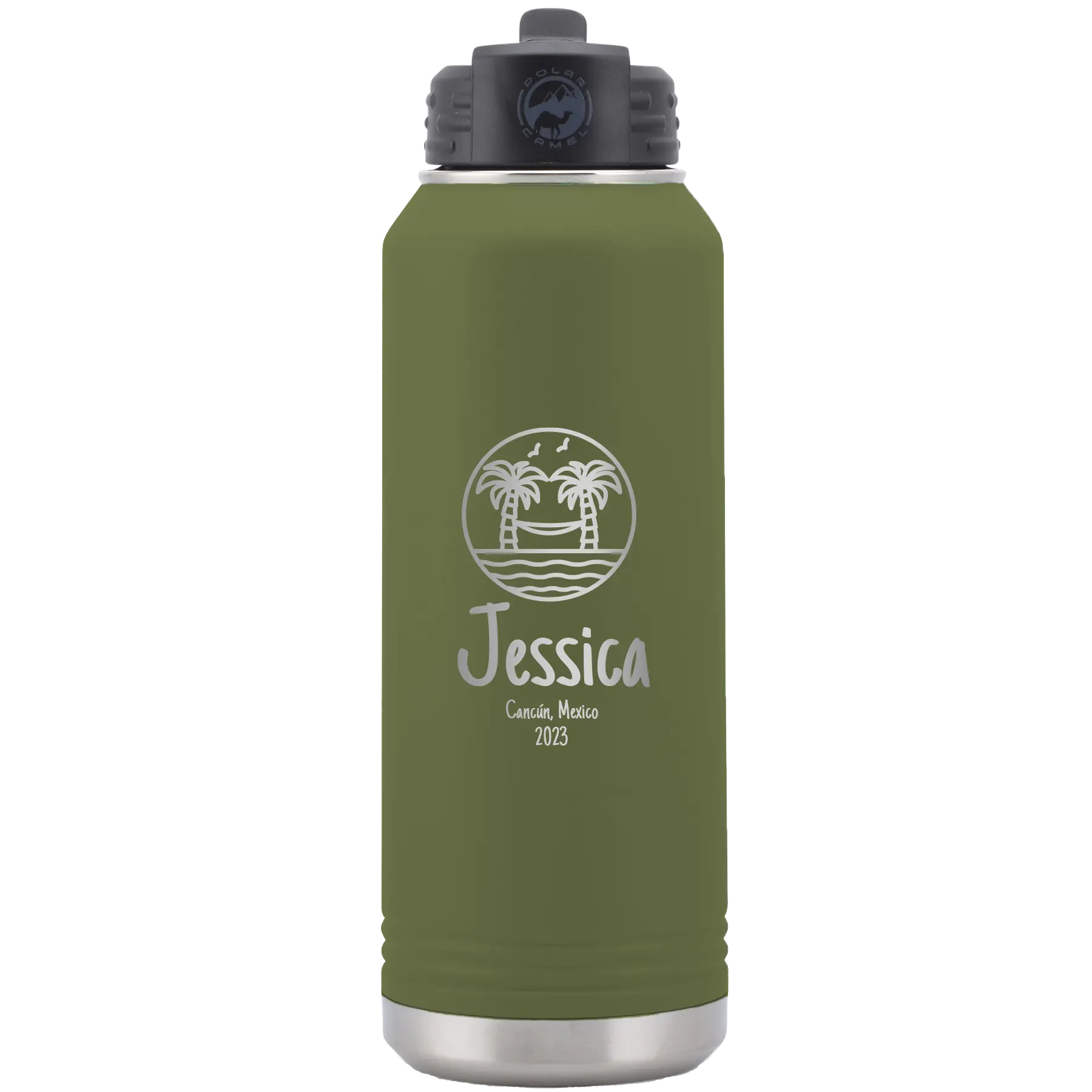 Personalized olive green 32 oz vacuum insulated water bottle with 'Vacation with two Palm Trees and Hammock' design