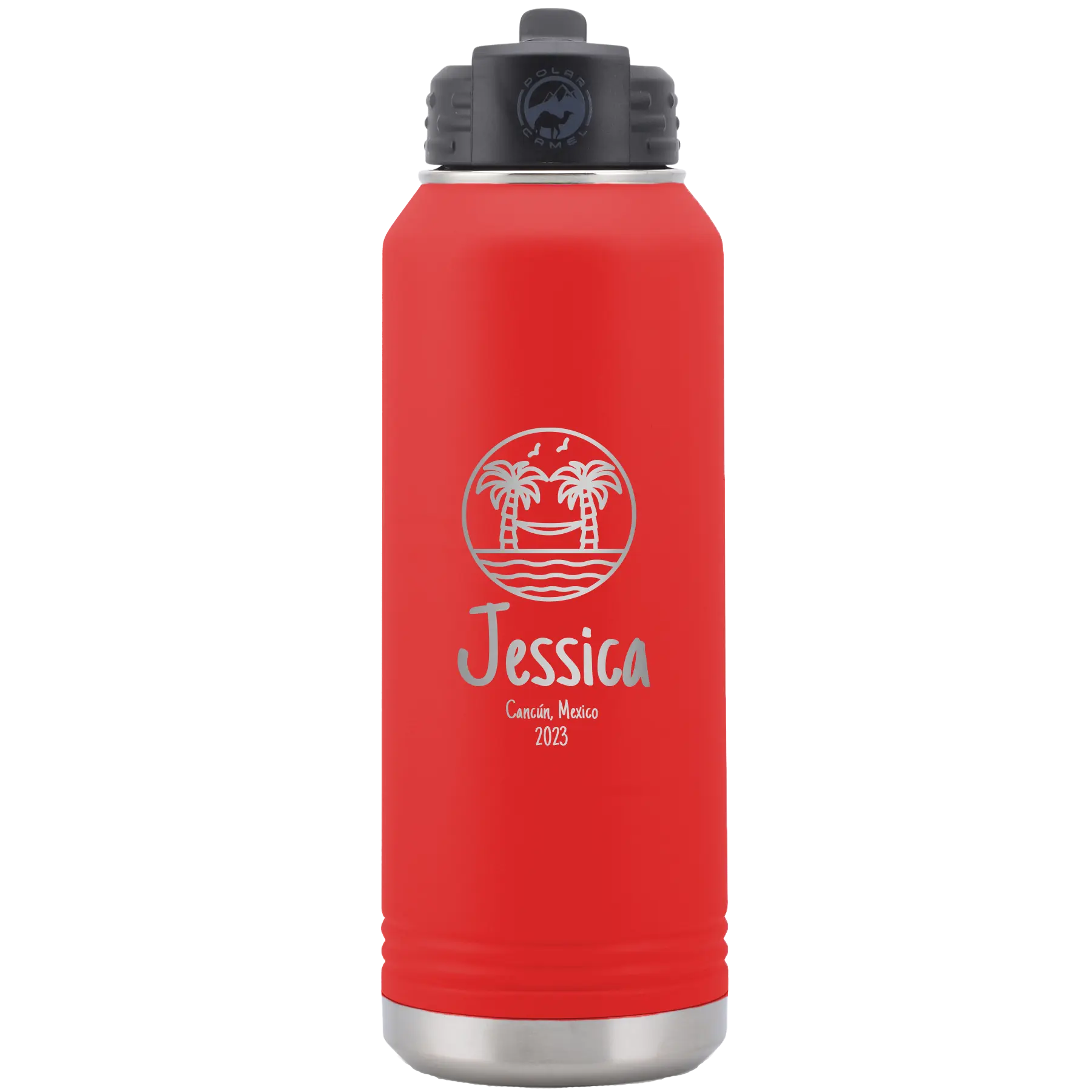 Personalized red 32 oz vacuum insulated water bottle with 'Vacation with two Palm Trees and Hammock' design