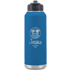 Personalized royal blue 32 oz vacuum insulated water bottle with 'Vacation with two Palm Trees and Hammock' design