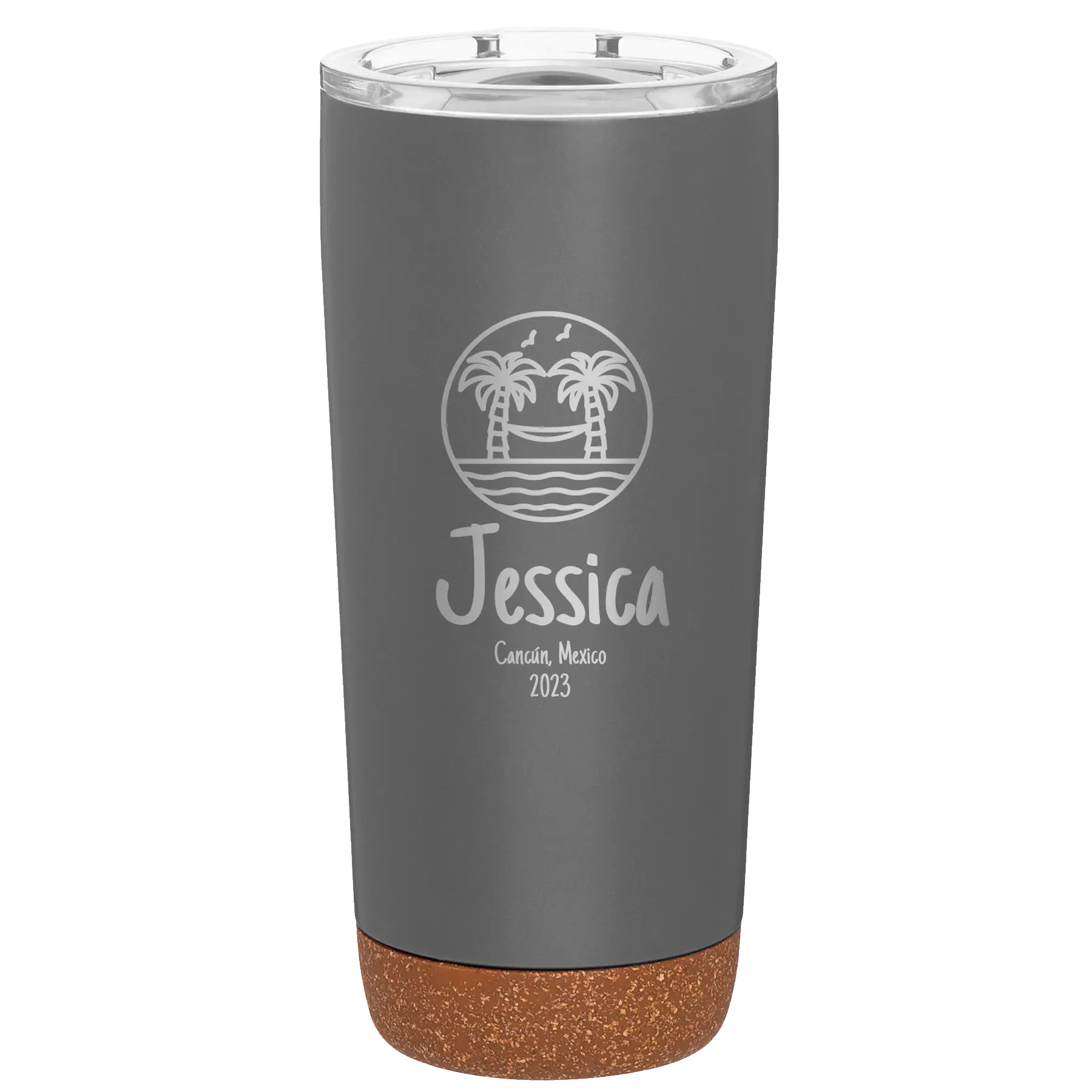 Personalized storm gray 20 oz vacuum insulated tumbler with 'Vacation with two Palm Trees and Hammock' design