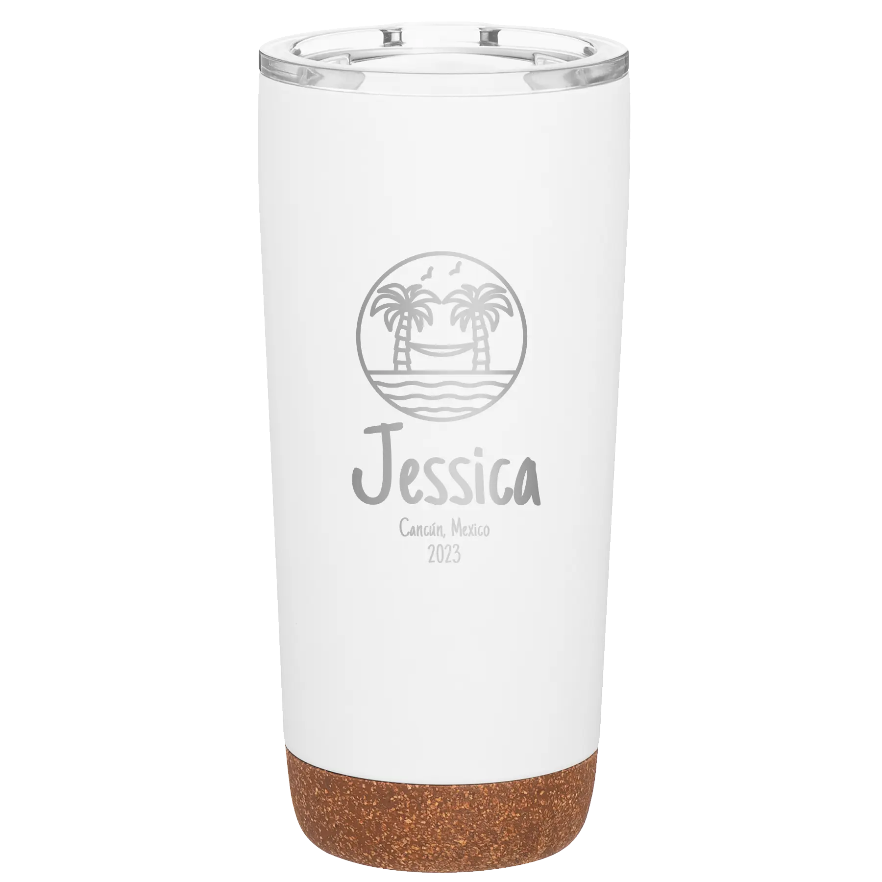 Personalized white 20 oz vacuum insulated tumbler with 'Vacation with two Palm Trees and Hammock' design