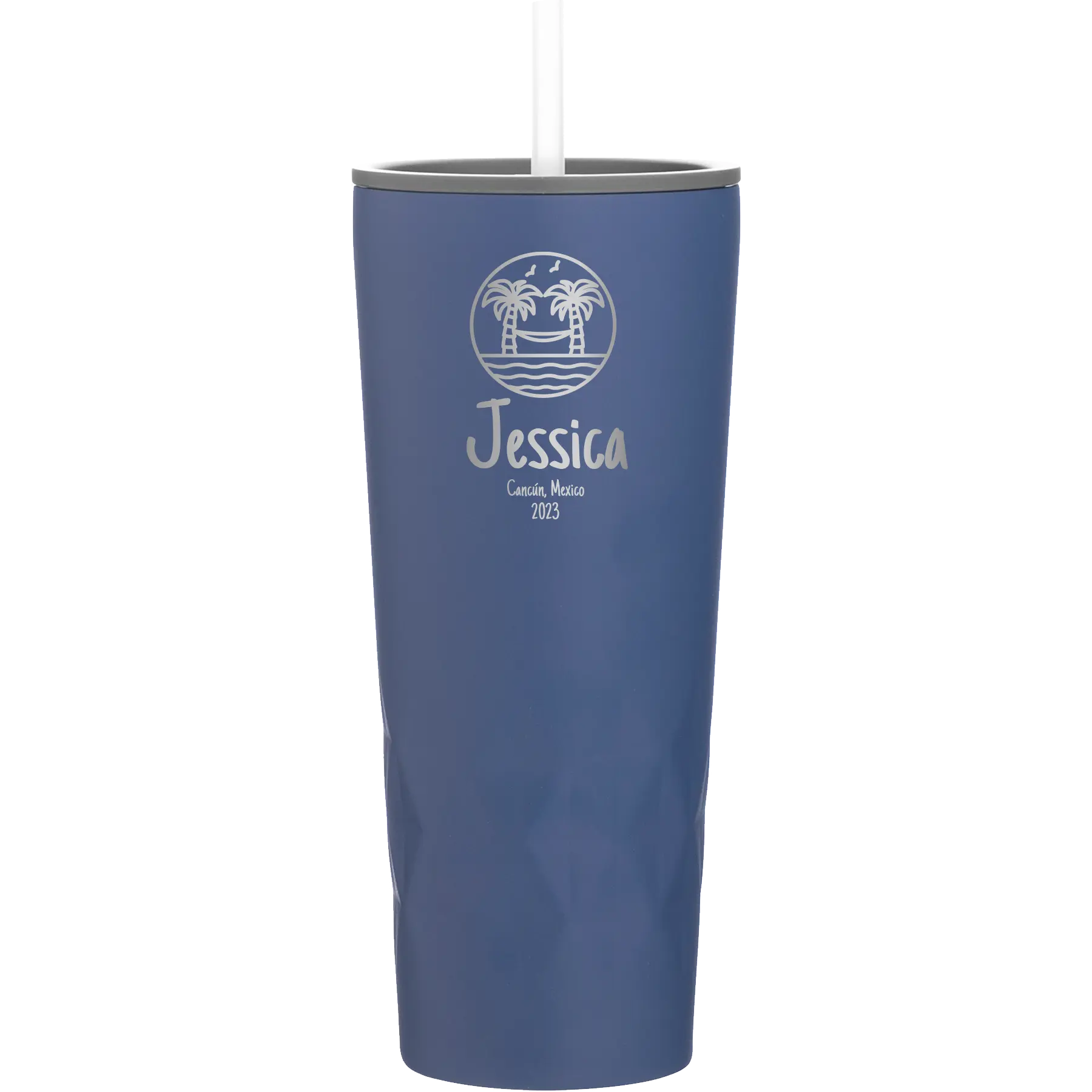 Personalized constellation 20 oz vacuum insulated tumbler with 'Vacation with two Palm Trees and Hammock' design