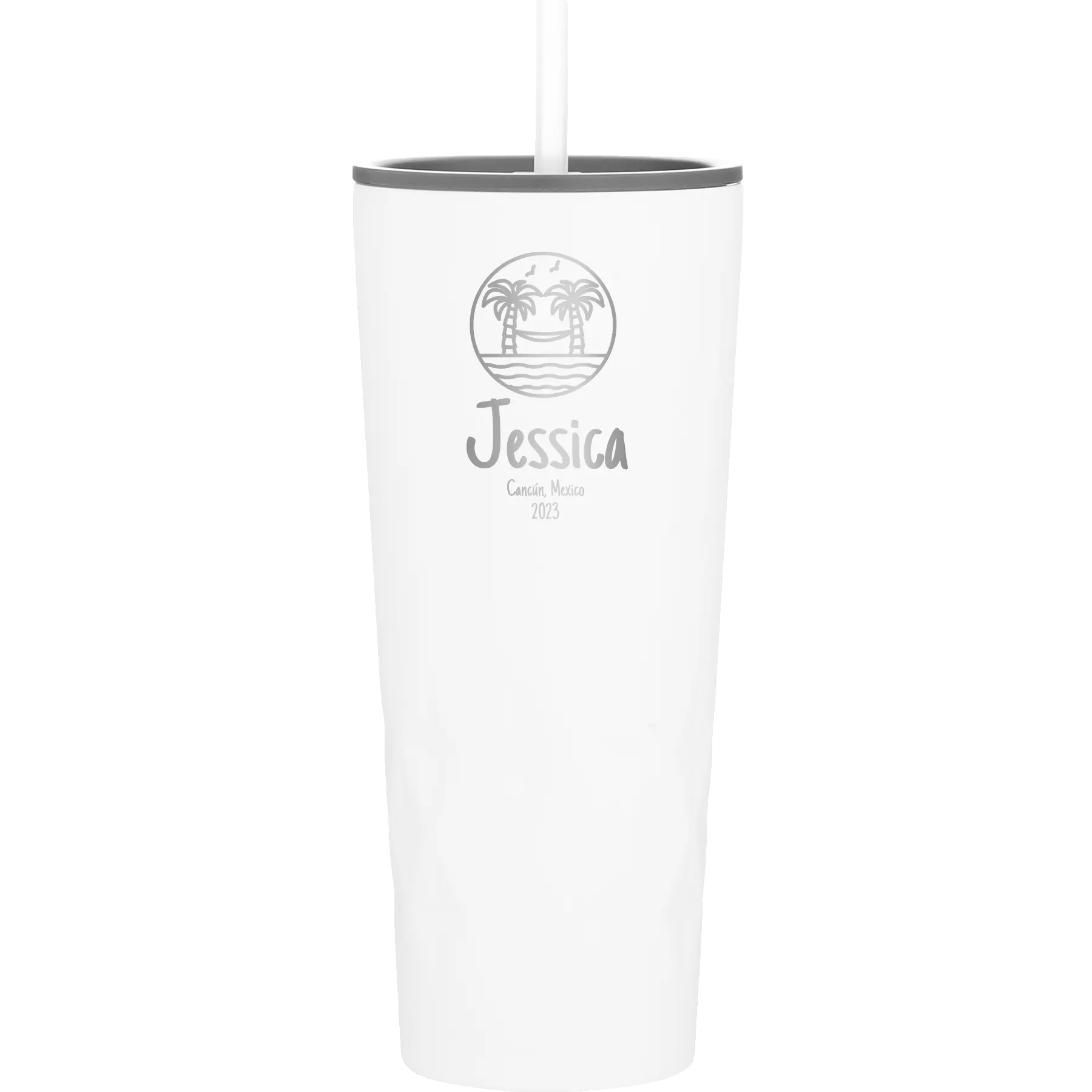 Personalized white 20 oz vacuum insulated tumbler with 'Vacation with two Palm Trees and Hammock' design