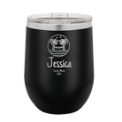Personalized black 12 oz vacuum insulated wine cup with 'Vacation with two Palm Trees and Hammock' design