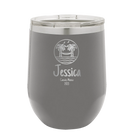 Personalized dark gray 12 oz vacuum insulated wine cup with 'Vacation with two Palm Trees and Hammock' design