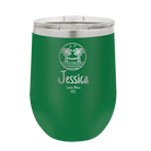Personalized green 12 oz vacuum insulated wine cup with 'Vacation with two Palm Trees and Hammock' design