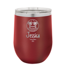 Personalized maroon 12 oz vacuum insulated wine cup with 'Vacation with two Palm Trees and Hammock' design