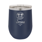 Personalized navy 12 oz vacuum insulated wine cup with 'Vacation with two Palm Trees and Hammock' design