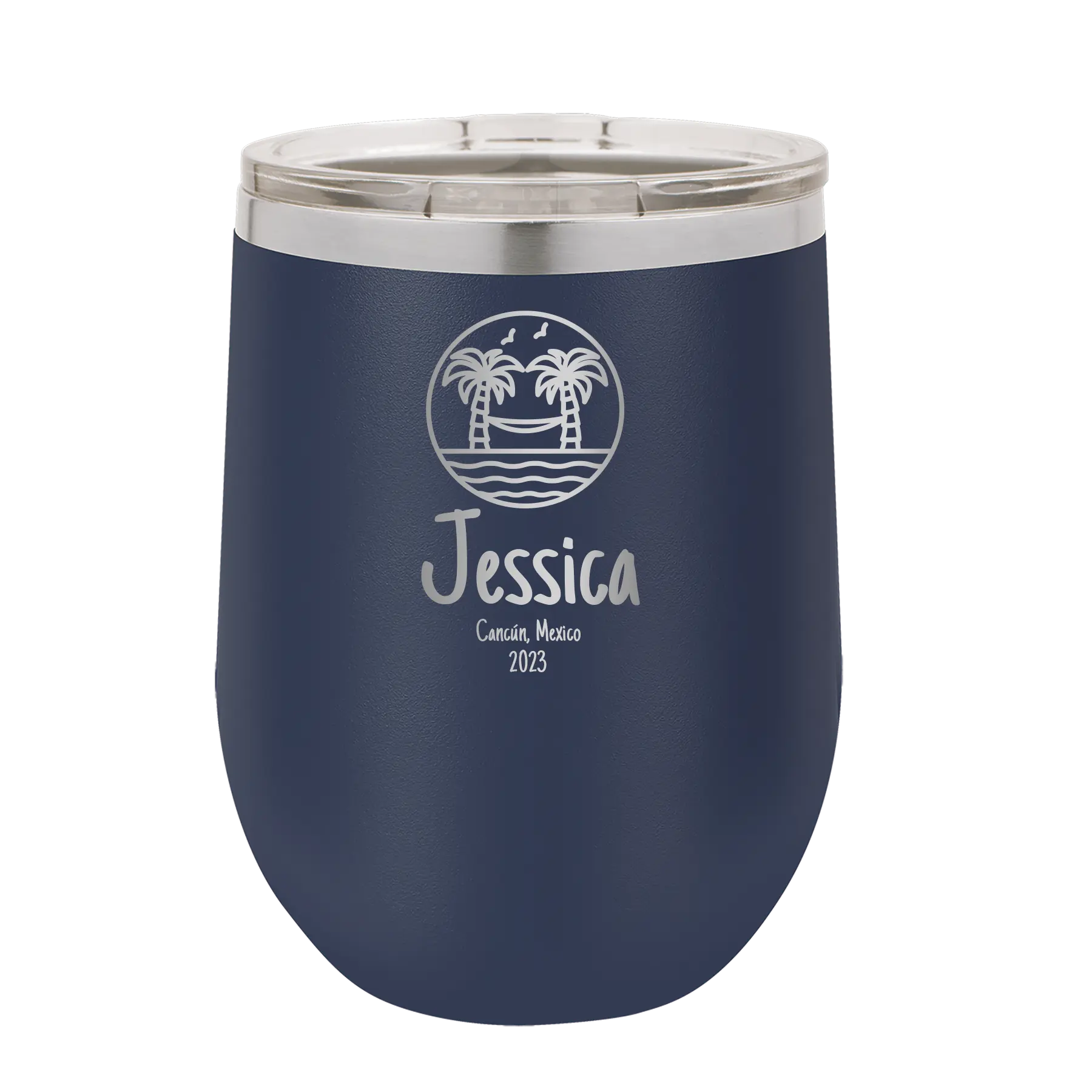 Personalized navy 12 oz vacuum insulated wine cup with 'Vacation with two Palm Trees and Hammock' design