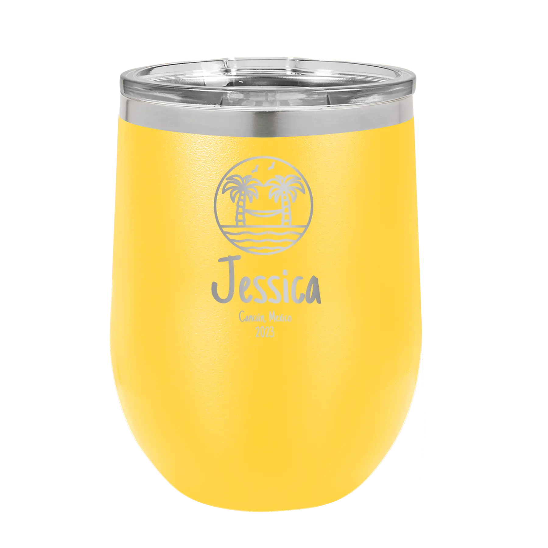 Personalized yellow 12 oz vacuum insulated wine cup with 'Vacation with two Palm Trees and Hammock' design