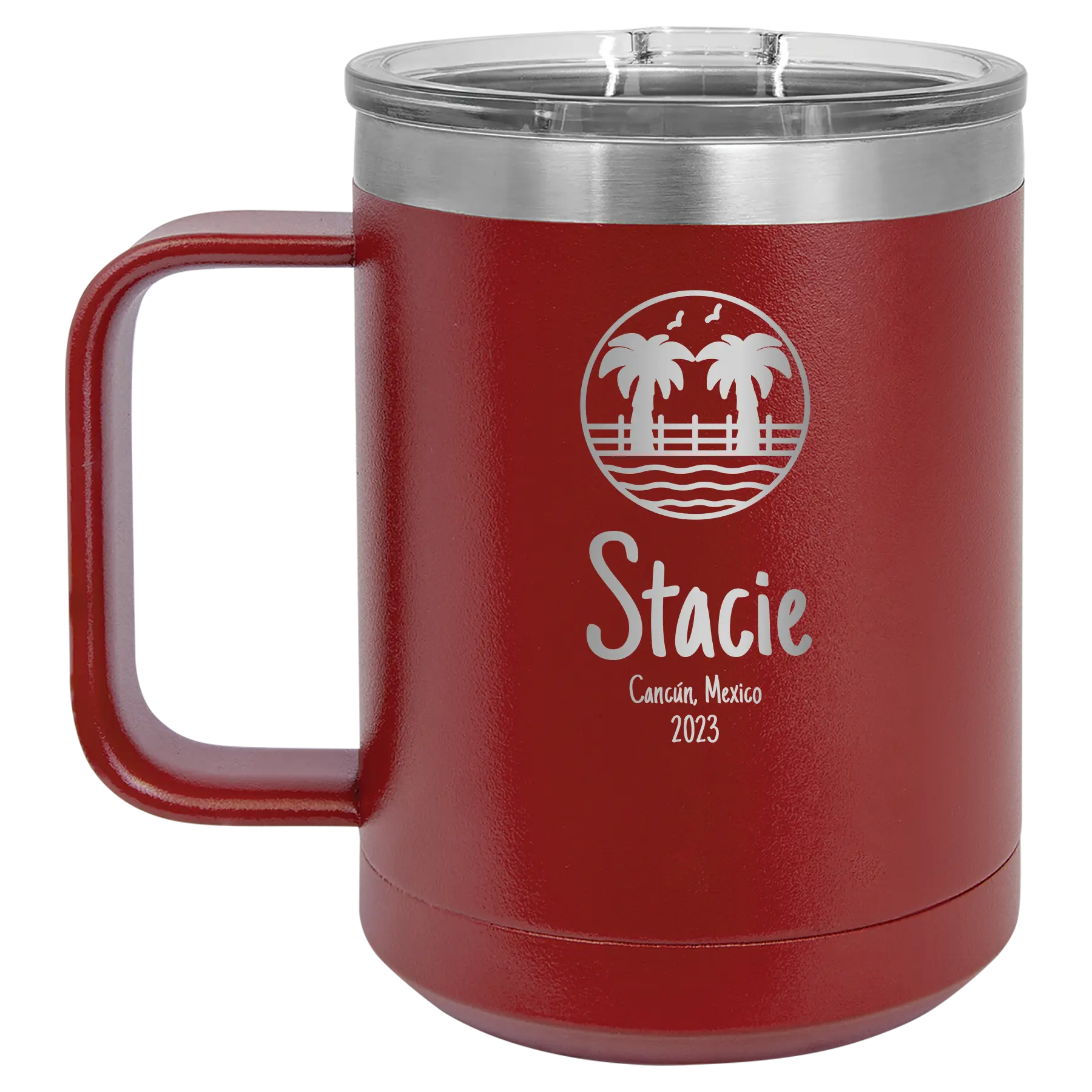 Personalized maroon 15 oz vacuum insulated coffee mug with 'Vacation with two Palm Trees' design