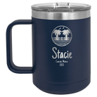 Personalized navy 15 oz vacuum insulated coffee mug with 'Vacation with two Palm Trees' design