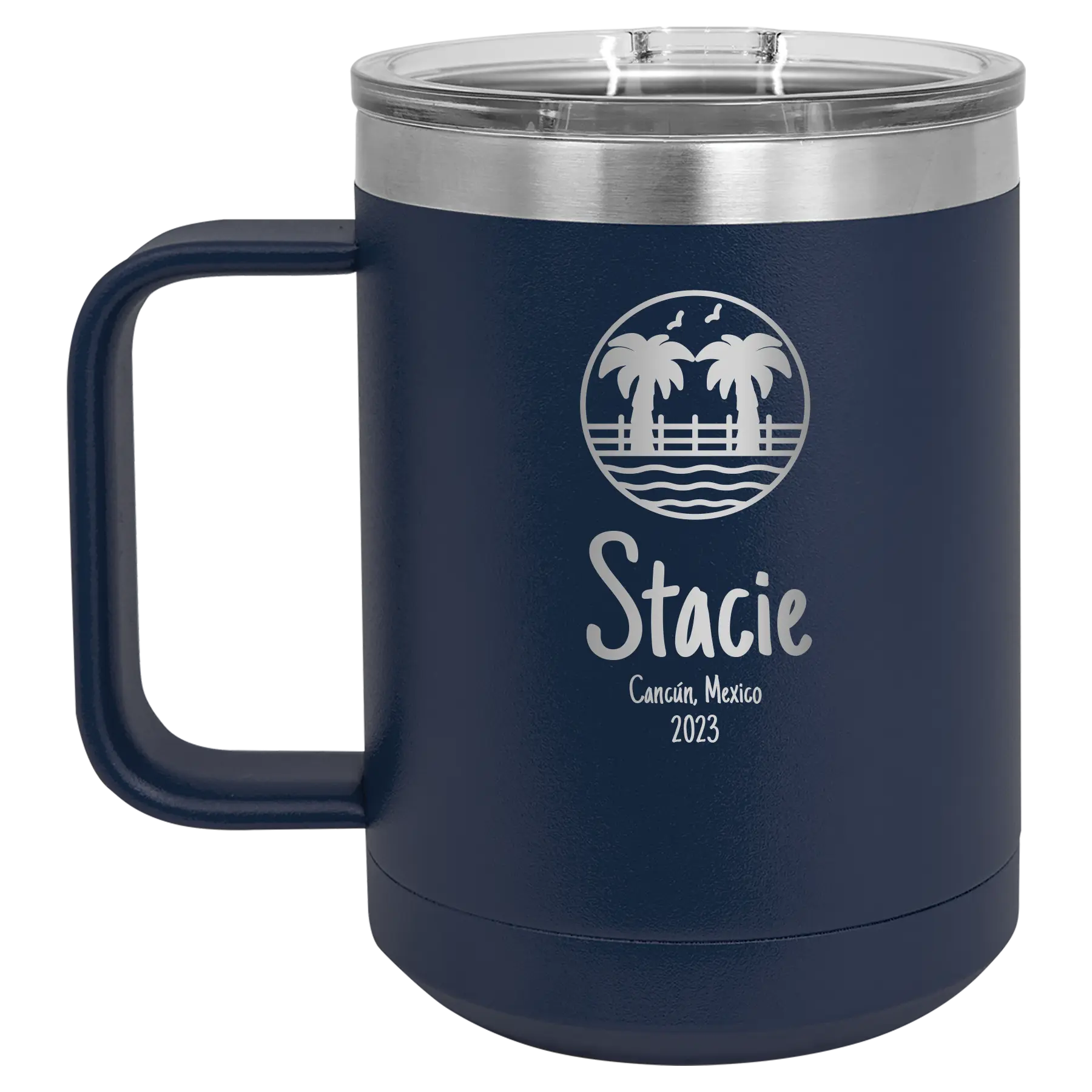 Personalized navy 15 oz vacuum insulated coffee mug with 'Vacation with two Palm Trees' design