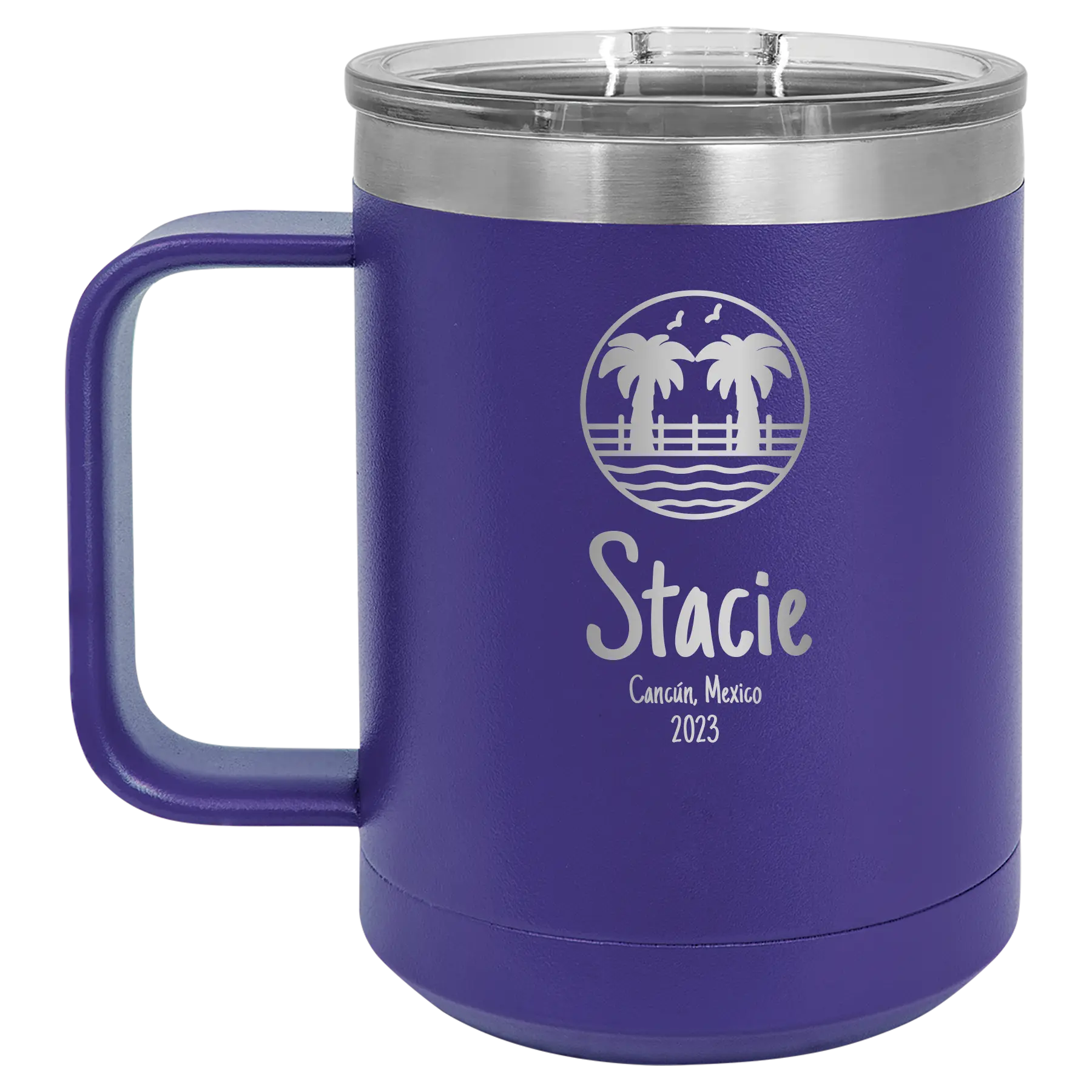 Personalized purple 15 oz vacuum insulated coffee mug with 'Vacation with two Palm Trees' design