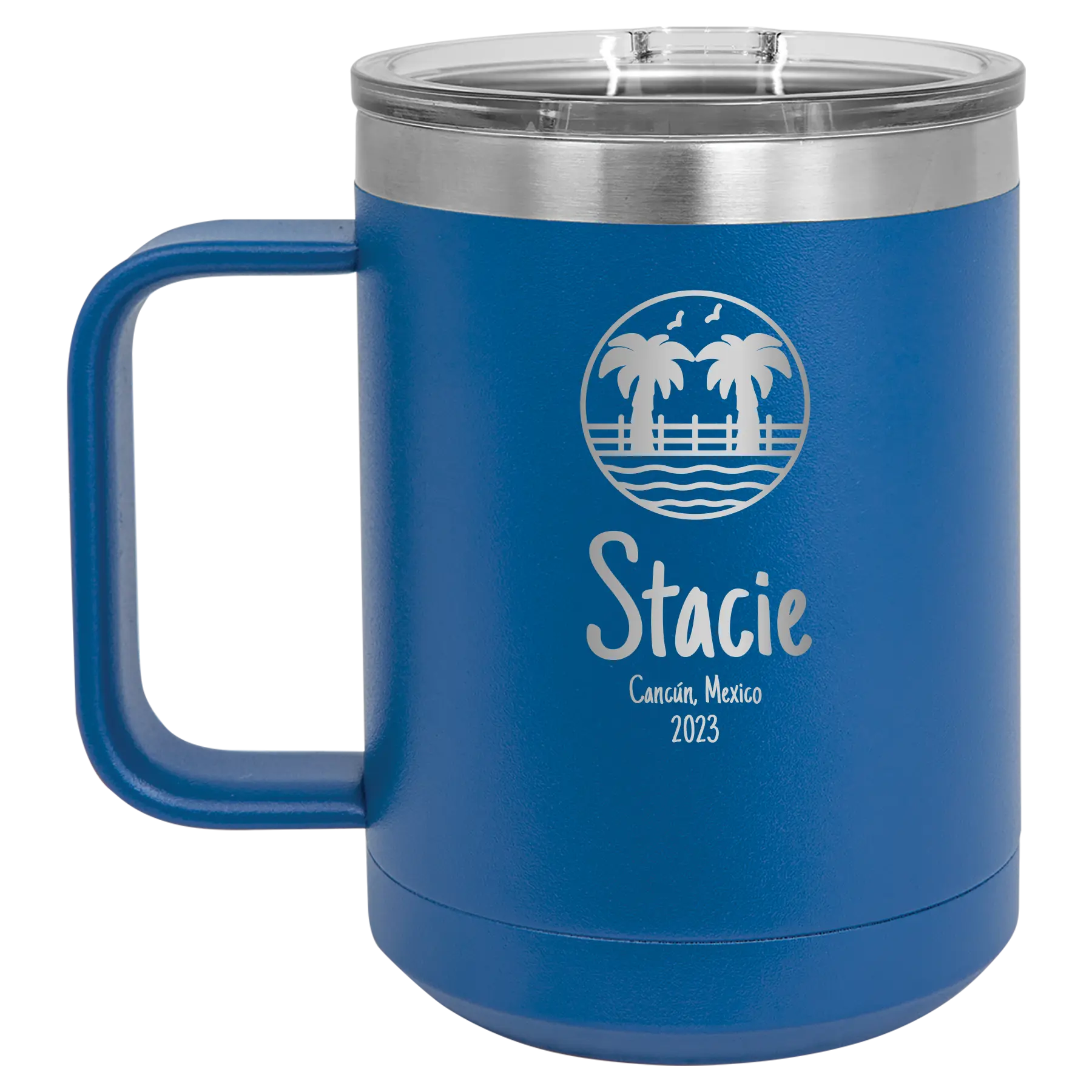 Personalized royal blue 15 oz vacuum insulated coffee mug with 'Vacation with two Palm Trees' design