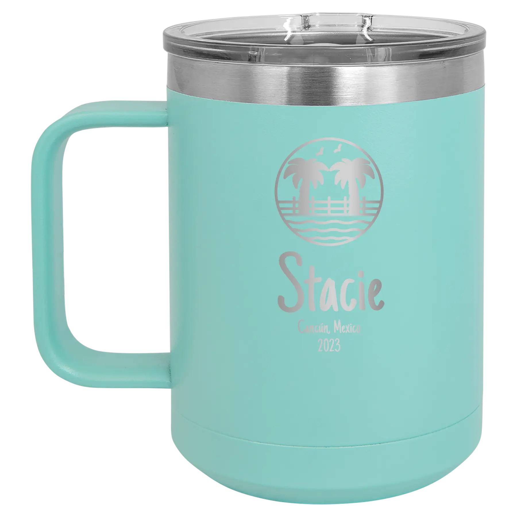 Personalized teal 15 oz vacuum insulated coffee mug with 'Vacation with two Palm Trees' design